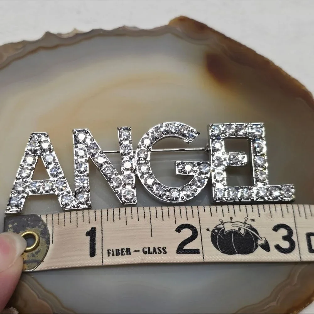 Vintage 90s Silver Tone Shiny Clear Crystal Rhinestone Word 